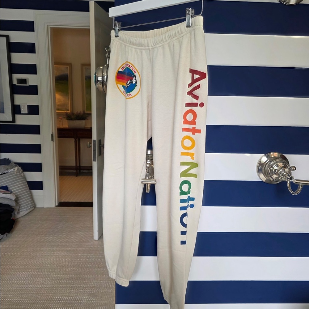Aviator Nation Cream Sweatpants with Graphic Design